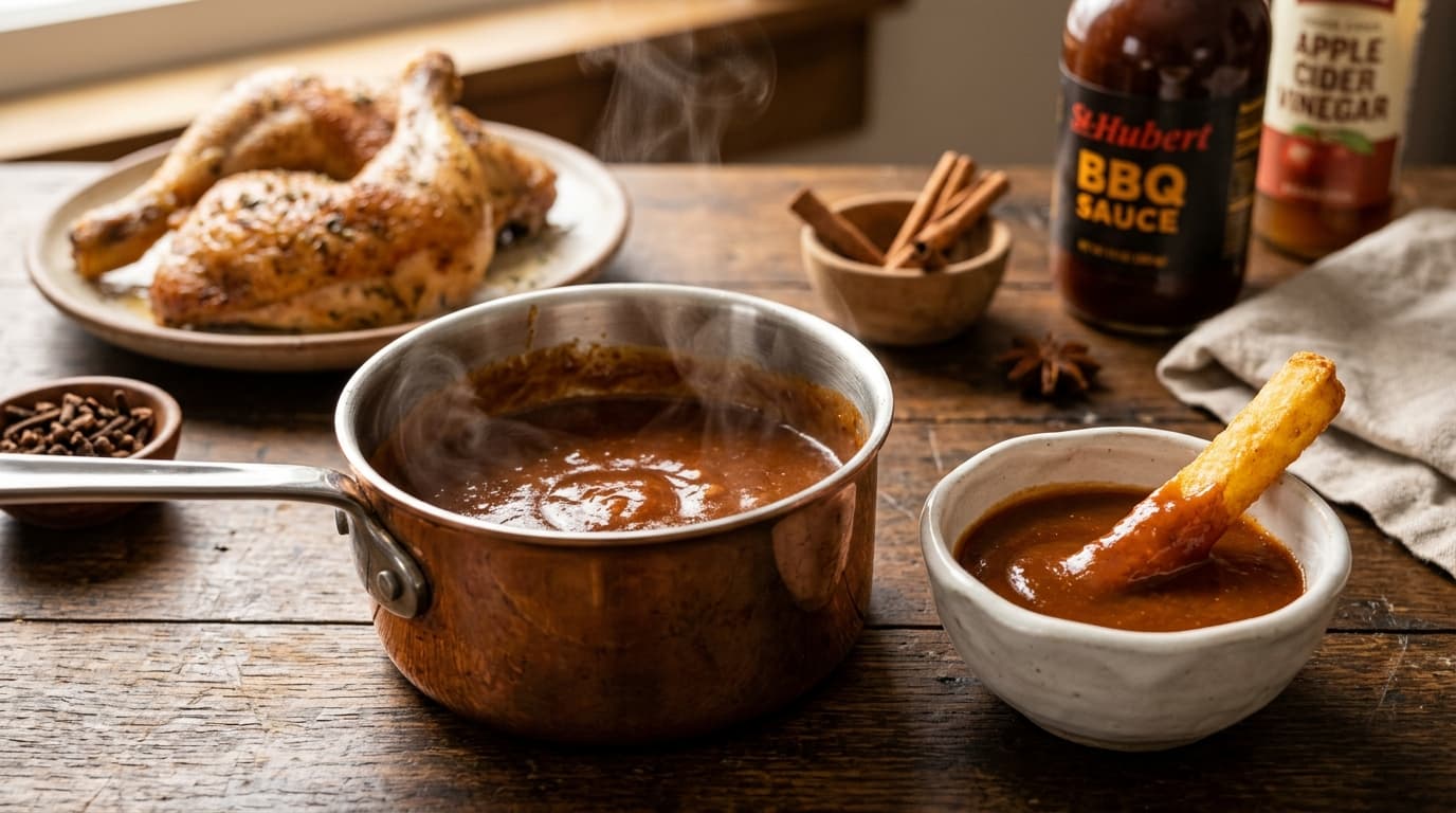 Sauce St-Hubert maison onctueuse dans un ramequin avec trempette de frites dorées