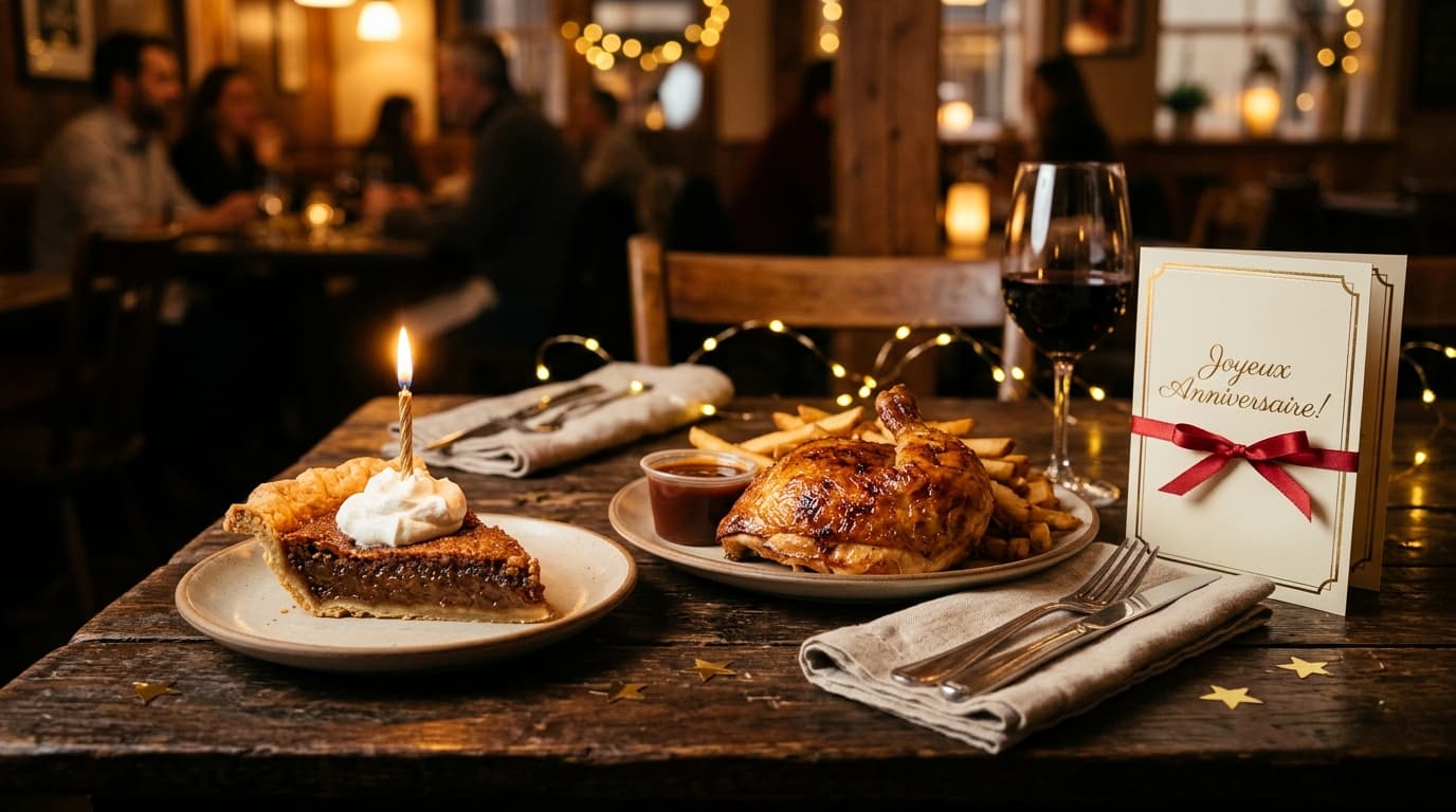 Celebratory St-Hubert birthday table with sugar pie slice and candle alongside rotisserie chicken