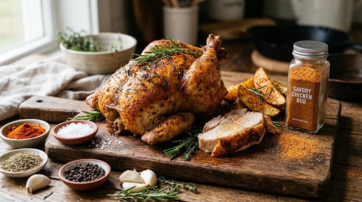 St-Hubert chicken seasoning shaker alongside freshly roasted rotisserie chicken with golden skin and seasoned potato wedges