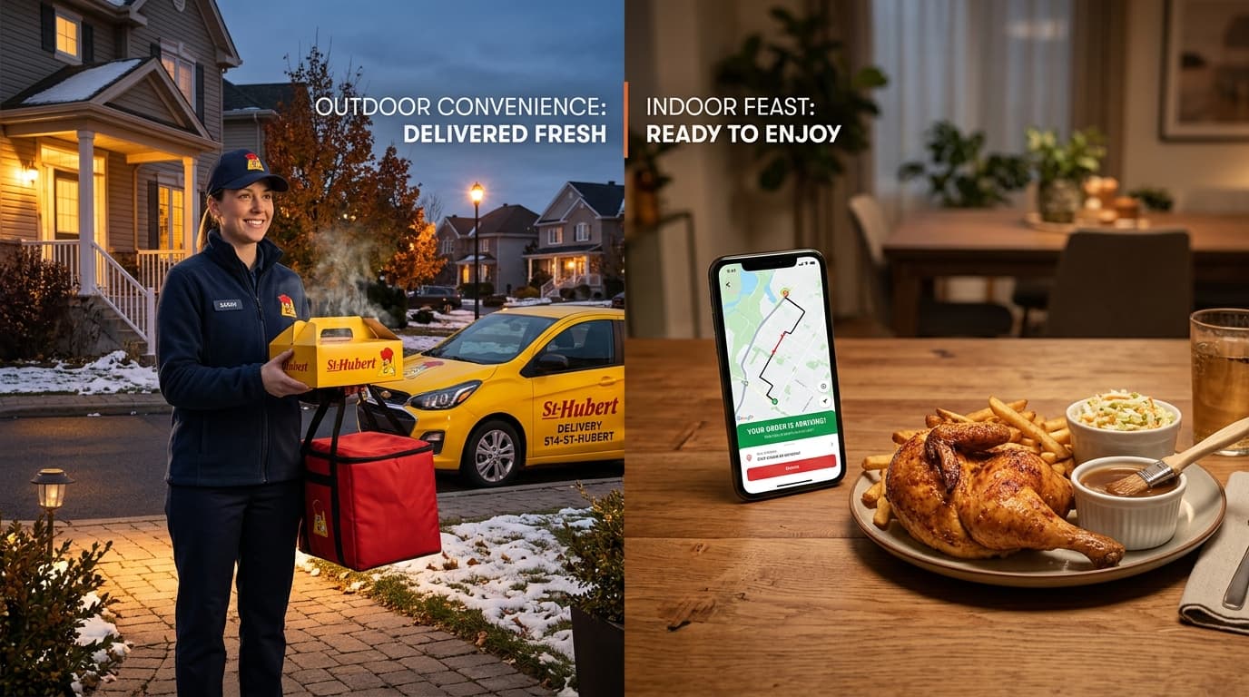 Comparatif entre la voiture de livraison officielle jaune St-Hubert et l'application Uber Eats sur téléphone intelligent