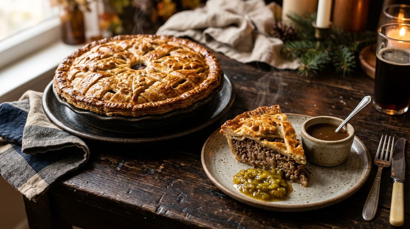 Tourtière surgelée St-Hubert dorée au four coupée en pointe avec garniture de viande épicée, ketchup vert et sauce
