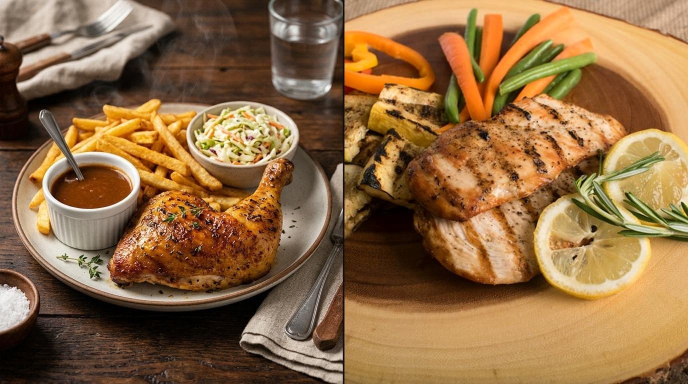 Assiette de poulet rôti St-Hubert avec petit pain comparée à un repas de poulet grillé et légumes sans gluten