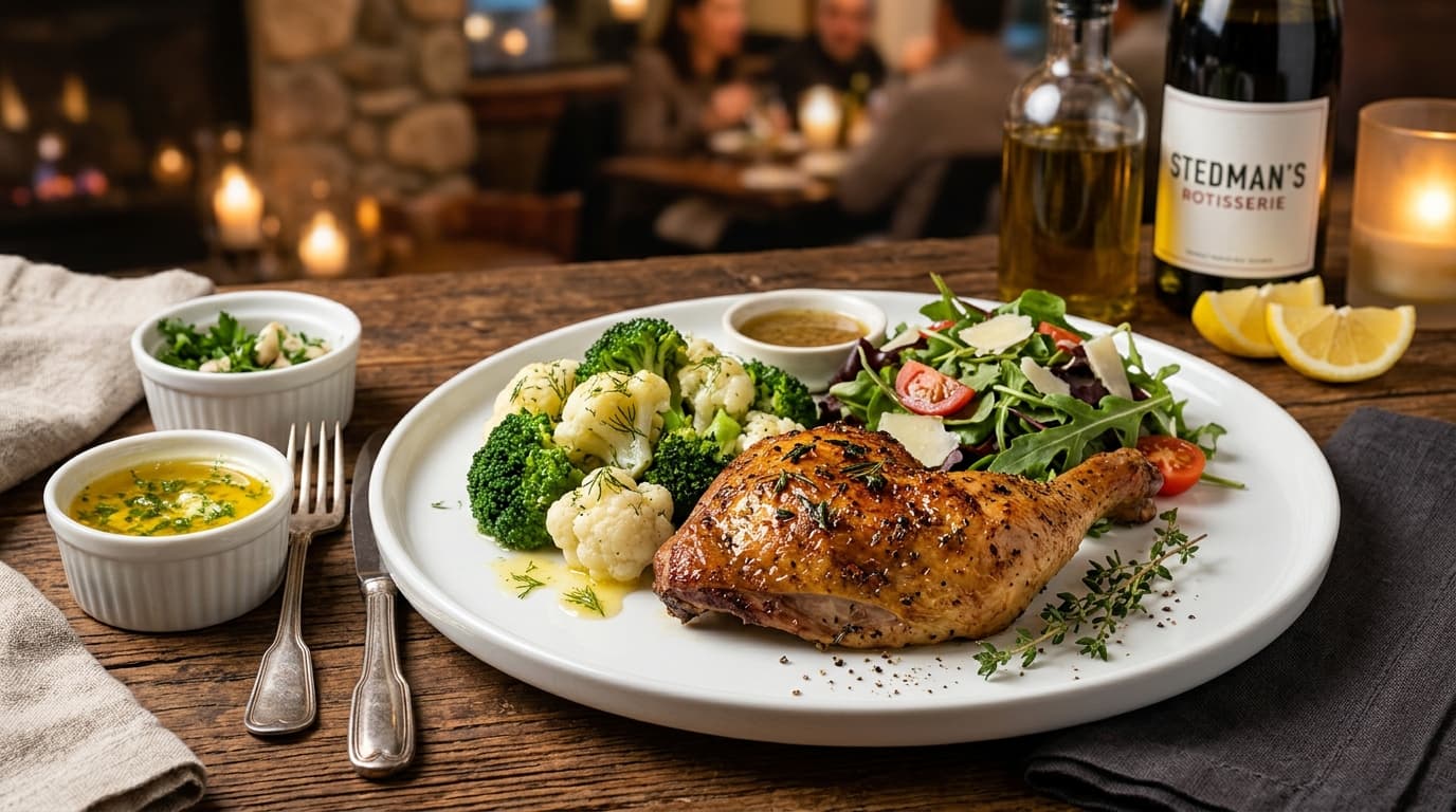 Keto St-Hubert meal with rotisserie quarter chicken, steamed broccoli with butter, and low-carb salad