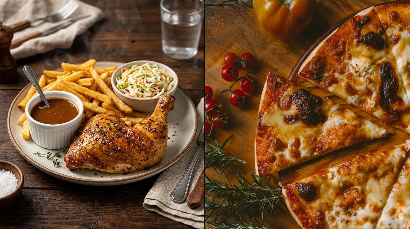 St-Hubert rotisserie chicken and ribs compared with Boston Pizza gourmet pizza and wings table spread