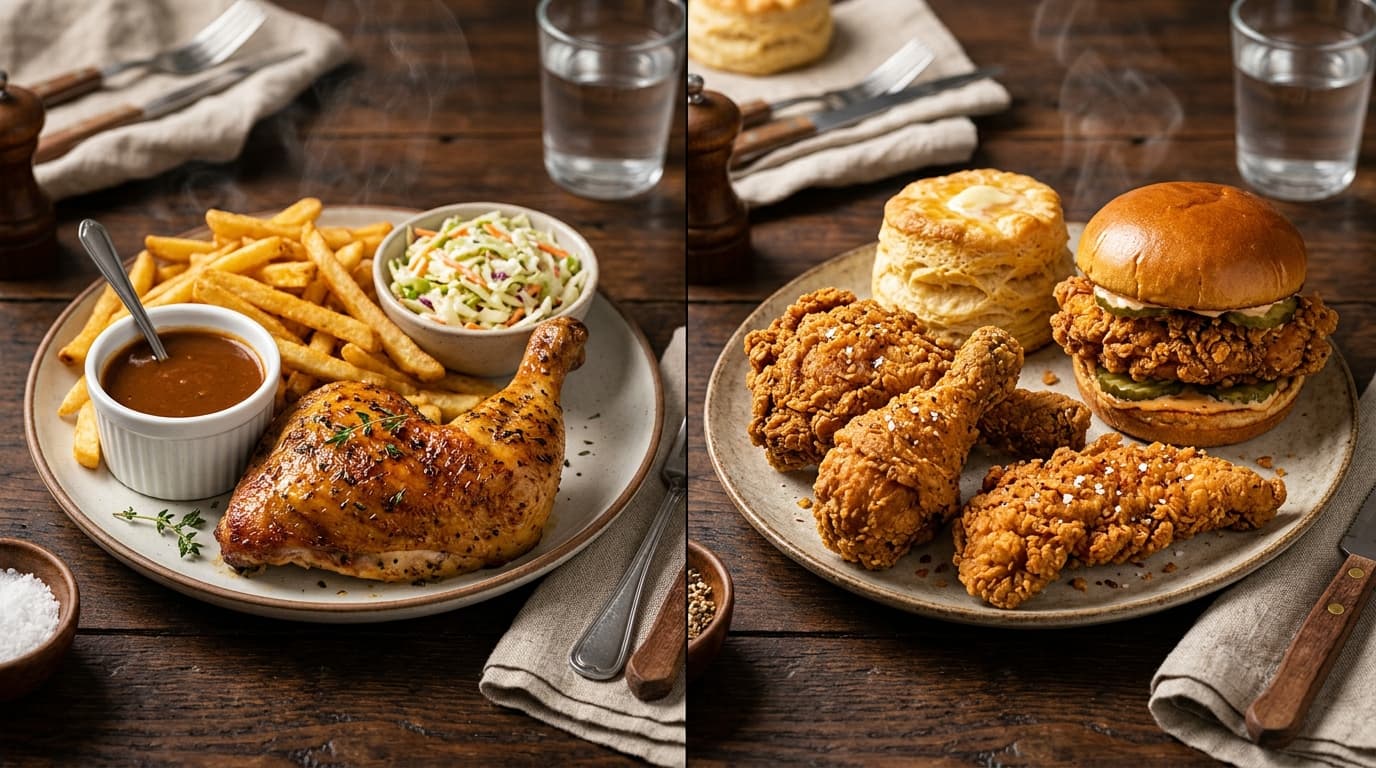 Assiette de poulet rôti St-Hubert comparée au poulet frit cajun et biscuits Popeyes