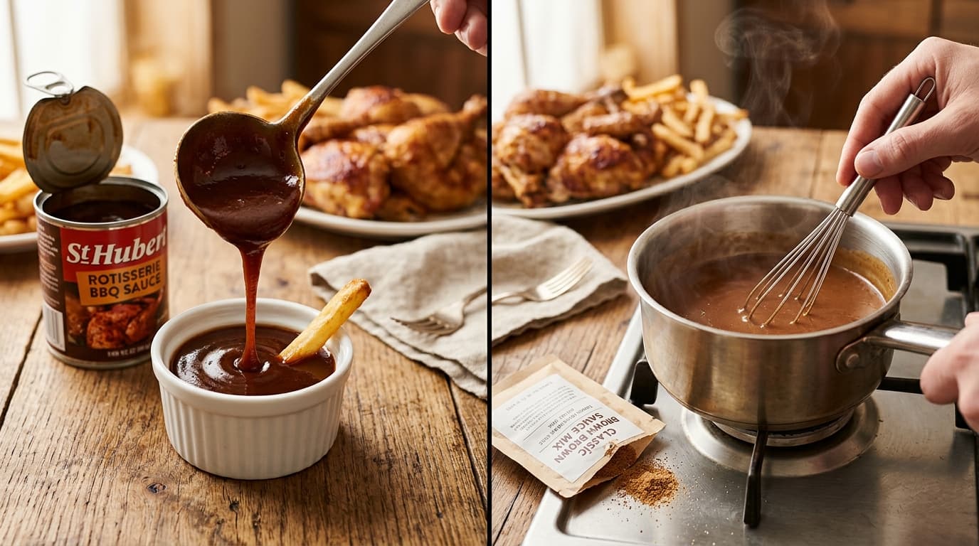 St-Hubert canned BBQ sauce poured into dipping bowl alongside saucepan with whisk preparing powdered sauce mix