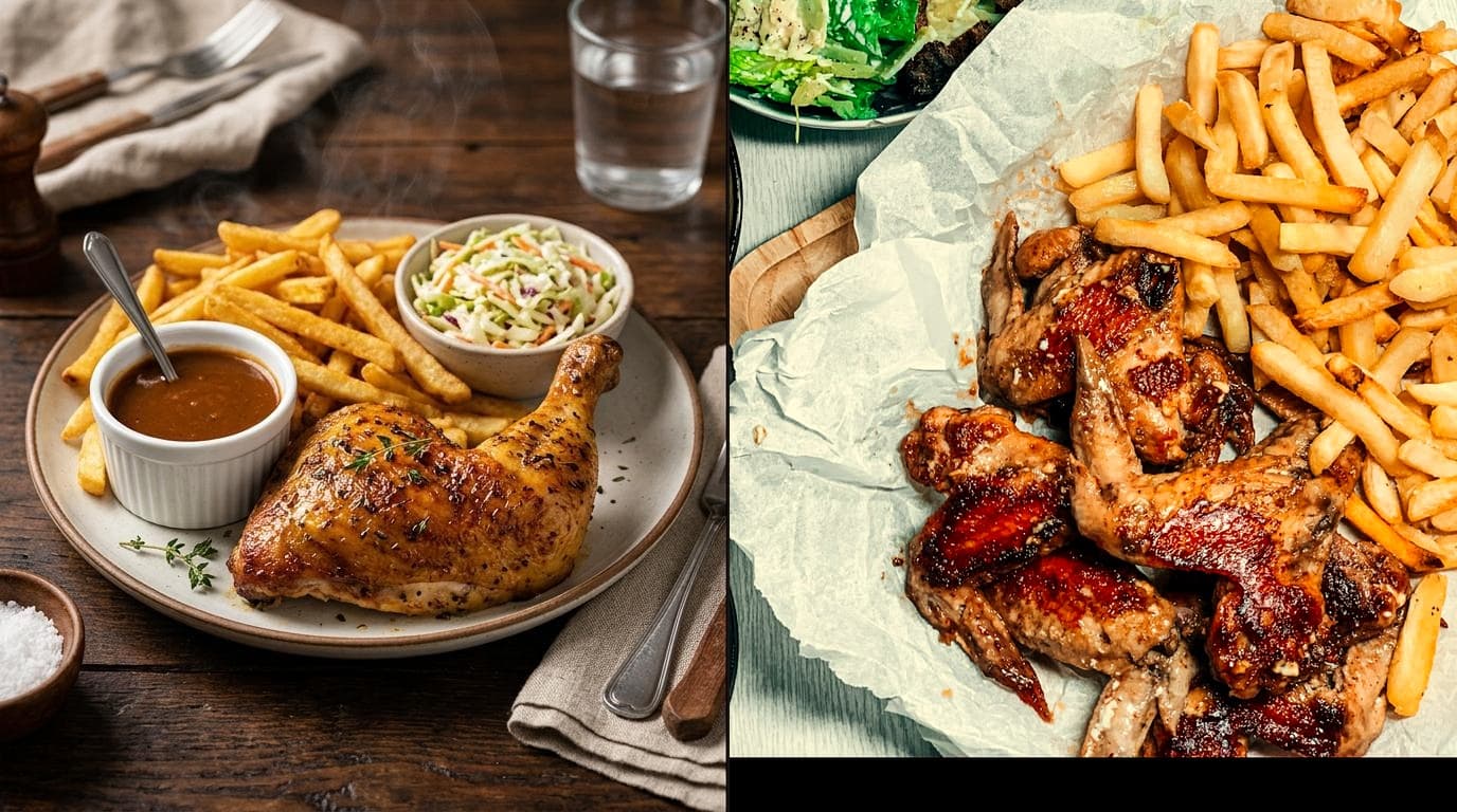 Comparatif visuel des repas de poulet rôti St-Hubert et Benny&Co avec frites et sauces