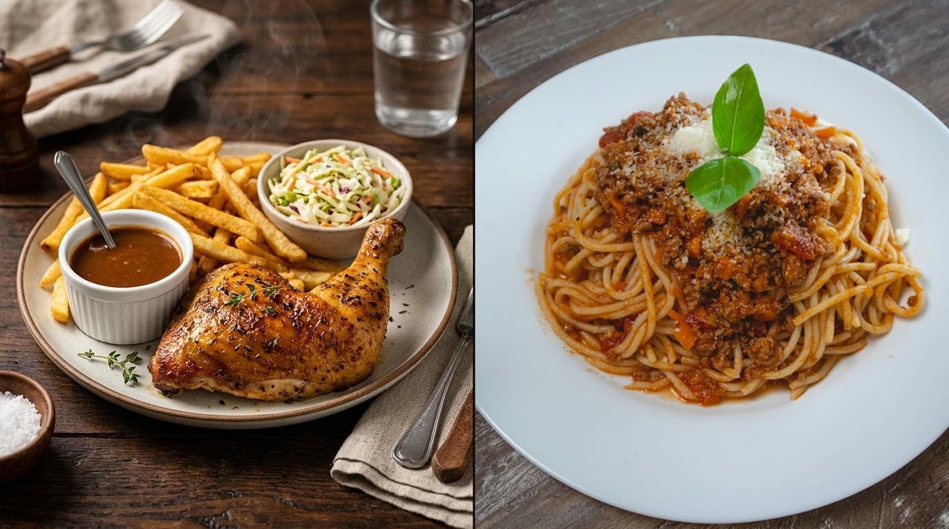 Assiette de poulet rôti St-Hubert comparée à une pizza garnie et assiette déjeuner Normandin