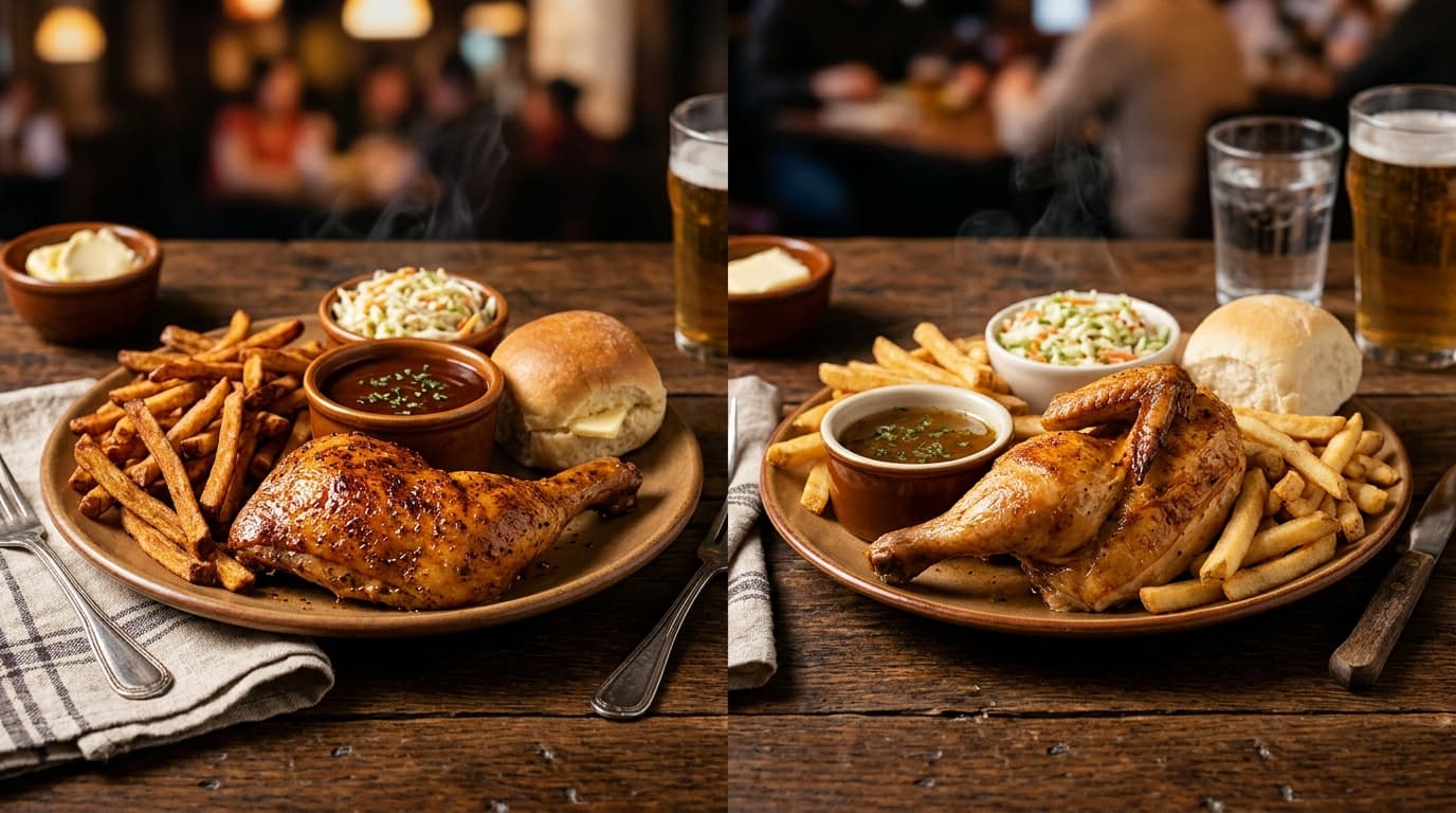 Comparatif visuel des repas de poulet rôti St-Hubert et Swiss Chalet avec sauces et frites